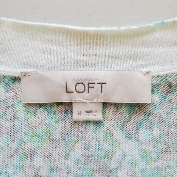 LOFT Floral Button Down Cardigan Green Gray Women Size M Lightweight Knit - Picture 7 of 10